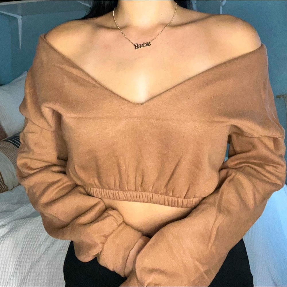 BooHoo Camel Off Shoulder Cropped Sweater